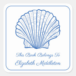 Kust Preppy Blauw en Wit Shell Bookplate Vierkante Sticker