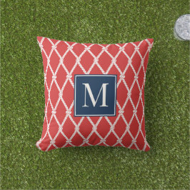Kust Preppy Nautilisch Monogram – Rood & Marinebla Buitenkussen