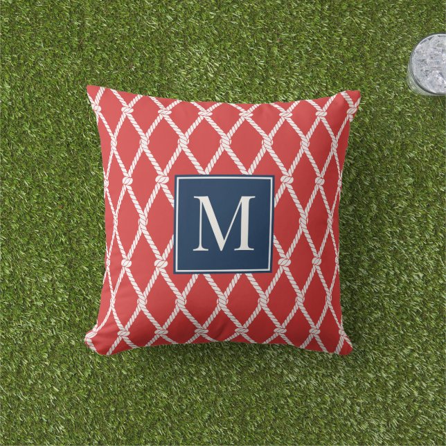 Kust Preppy Nautilisch Monogram – Rood & Marinebla Buitenkussen (Gras)