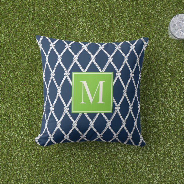 Kust Preppy Nautilus Monogram – Marine & Lime Buitenkussen (Gras)