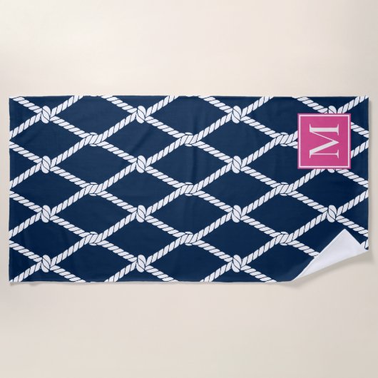 Kust Preppy Nautilus Monogram  – Marine & Roze Strandlaken (Voorkant)