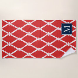 Kust Preppy Nautilus Monogram – Rood & Marineblauw Strandlaken