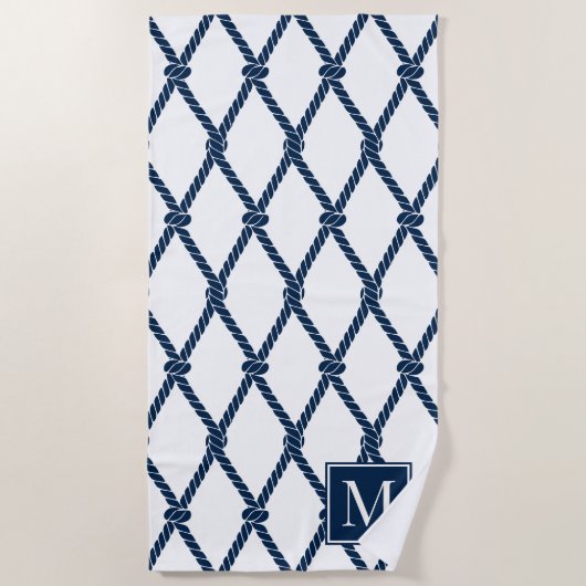 Kust Preppy Nautilus Monogram – Wit & Marineblauw Strandlaken (Voorkant)