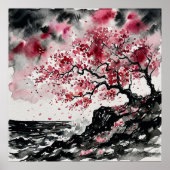 Kust Sakura - Watercolor Stijl Kersenbloesem Poster (Voorkant)