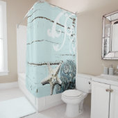 Kust schuur hout aqua blauw zeester schelpen douchegordijn (In situ)