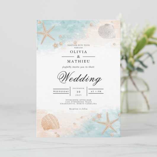 Kust Seashell Bloom Wedding Kaart (Staand voorkant)