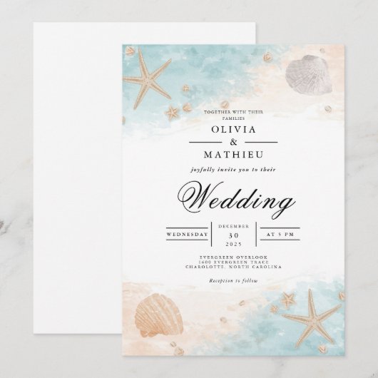 Kust Seashell Bloom Wedding Kaart (Voorkant / Achterkant)