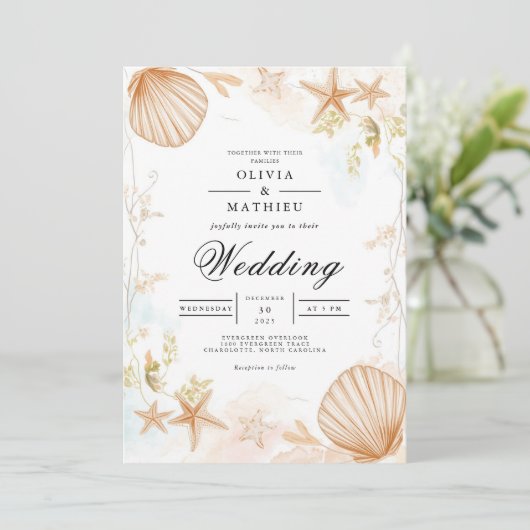 Kust Seashell Botanische Romance bruiloft Kaart (Staand voorkant)