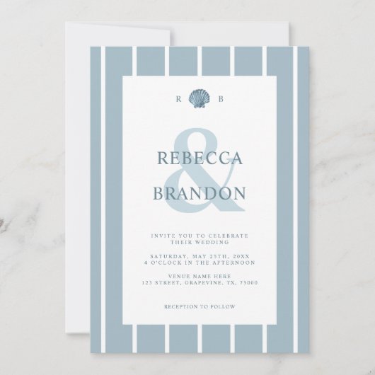 Kust Seashell Monogram Blauw QR Code Huwelijk Kaart (Voorkant)