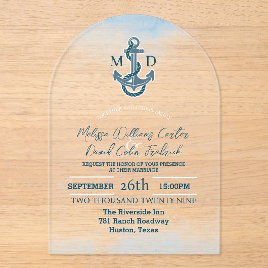 Kust Seaside Beach Anker Nautische bruiloft Acryl Uitnodigingen (Voorkant)