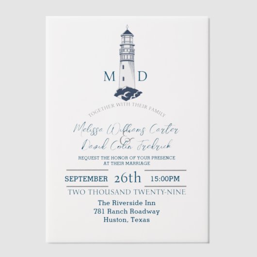 Kust Seaside Beach Nautische vuurtoren bruiloft Vellum Uitnodigingen (Voorkant)