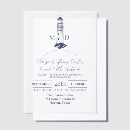 Kust Seaside Beach Nautische vuurtoren bruiloft Vellum Uitnodigingen (Offset)