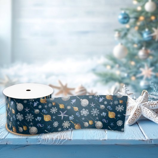 Kust Sneeuwvlokken & Nautische Elementen Patroon Satijnen Lint