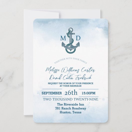 Kust Strand Blauw Anker Nautische Foto Huwelijk Kaart (Voorkant)