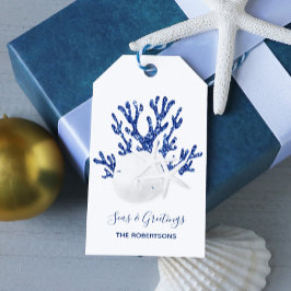 Kust Strand Kerst Marine Blauwe Glitter Cadeaulabel