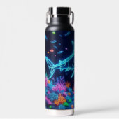 Kust/strand kleurrijke neon haai waterfles (Voorkant)