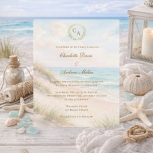 Kust strand monogram huwelijksuitnodiging