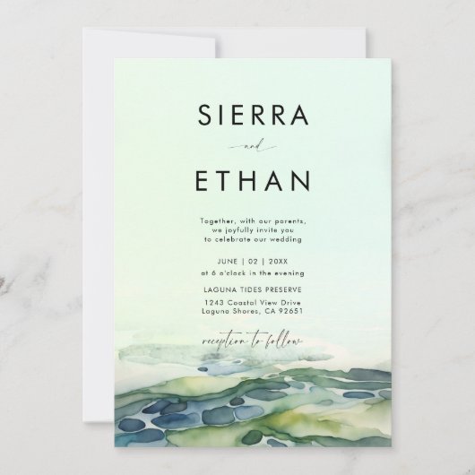 Kust Strand Tide Pool Bold Groen Moderne bruiloft Kaart (Voorkant)