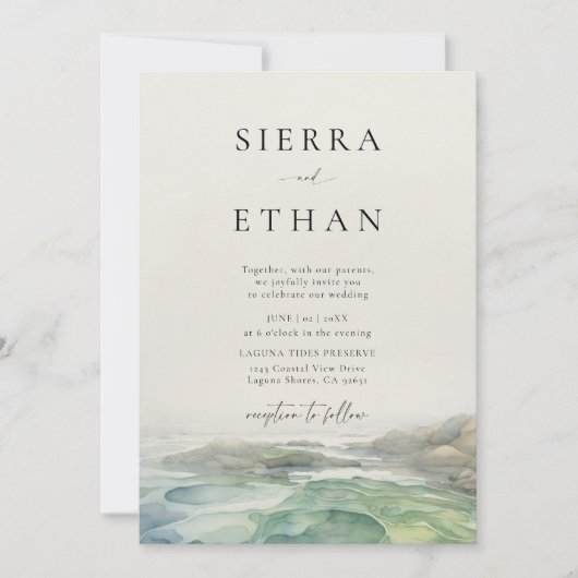 Kust Strand Tide Pool Ecru Groen Elegante bruiloft Kaart (Voorkant)