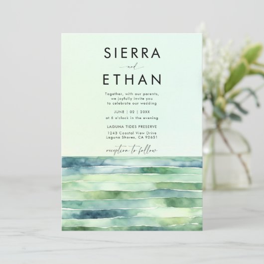 Kust Strand Tide Pool Zee Green Stripes Wedding Kaart (Staand voorkant)