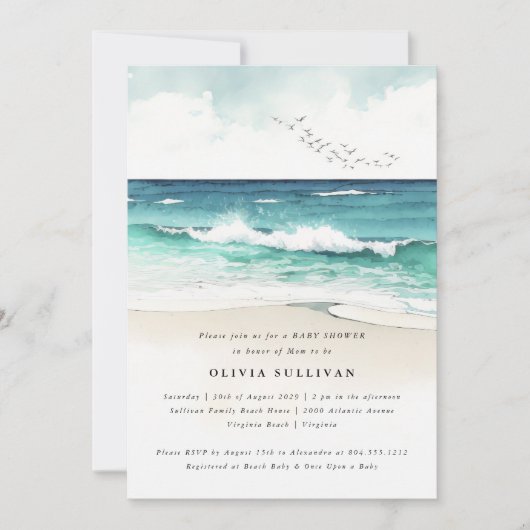 Kust Strand Zee Zand Aquarel Baby Shower Kaart (Voorkant)