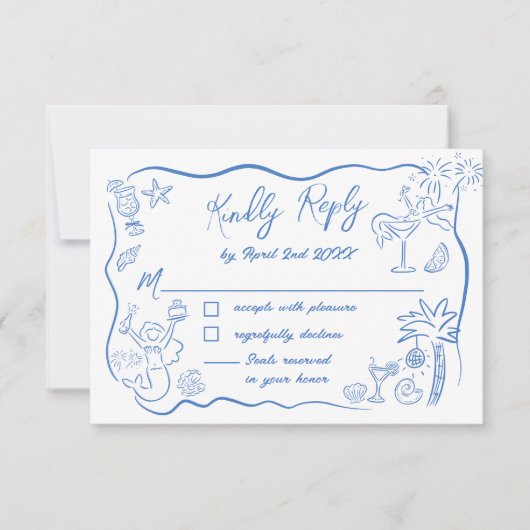 Kust Strand Zeemeermin Doodles Bachelorette Weeken RSVP Kaartje (Voorkant)