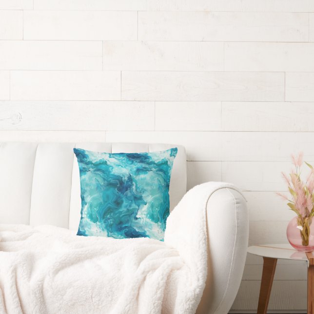 Kust Teal Aqua Blauwe Alcohol Inkt Marmer Kussen (Bank)