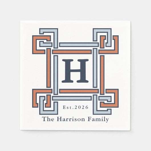 Kust Terracotta Hemelblauw Monogram Achternaam Servet (Voorkant)