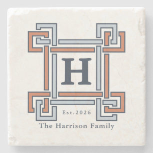 Kust Terracotta Hemelblauw Monogram Achternaam Stenen Onderzetter