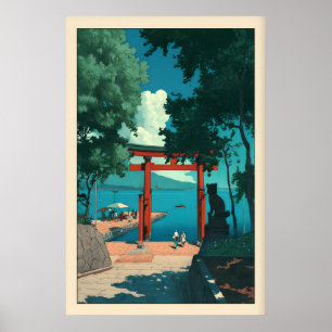Kust Torii-poortprint Hasui Kawase-stijl, Blauw Poster