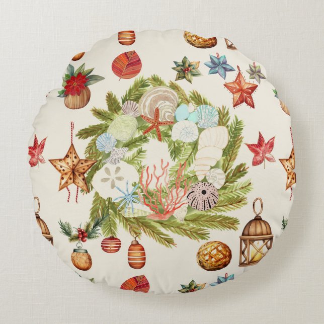 Kust Tropisch Eiland Kerstkrans Rond Kussen (Voorkant)