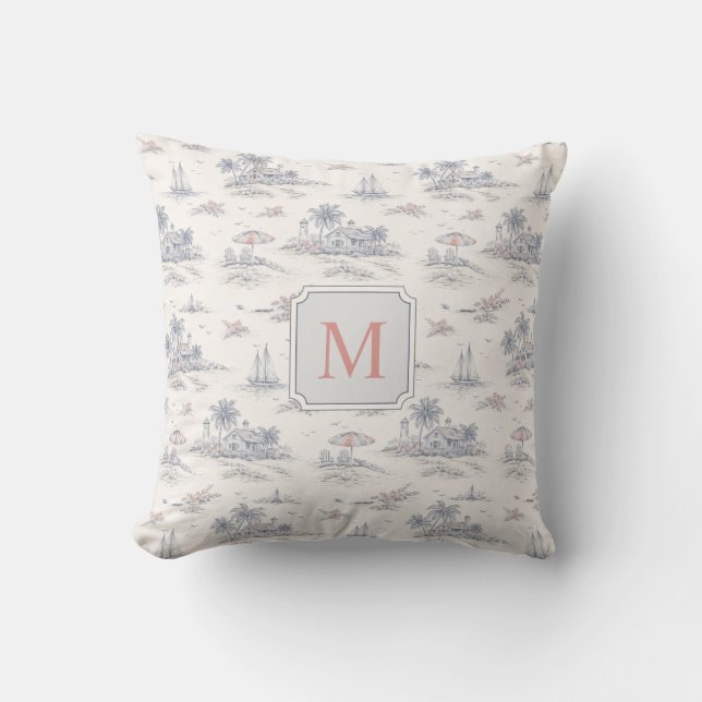 Kust Tropisch Frans Toile Monogram Naam Kussen (Voorkant)