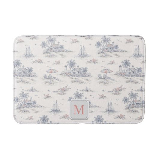 Kust Tropisch Frans Toile Patroon Monogram Badmat (Voorkant)