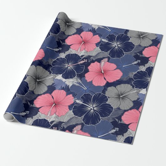 Kust Tropisch Hibiscus Patroon (2) Cadeaupapier (Uitgerold)