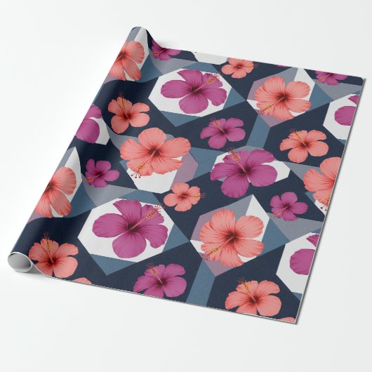 Kust Tropisch Hibiscus Patroon (8) Cadeaupapier (Uitgerold)