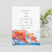 Kust tropische vlam boom bloesems strand bruiloft kaart (Staand voorkant)