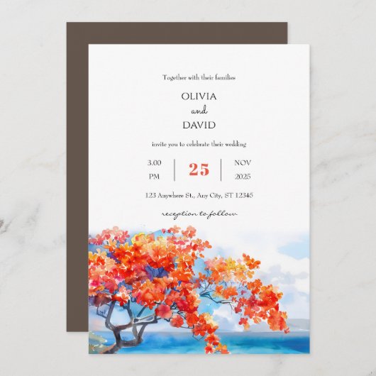 Kust tropische vlam boom bloesems strand bruiloft kaart (Voorkant / Achterkant)