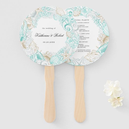 kust turquoise bruiloft programma Hand Fan Handwaaier (Voorkant en achterkant)