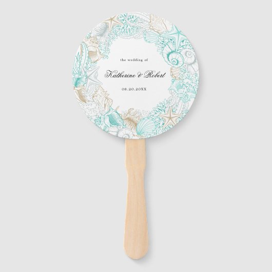 kust turquoise bruiloft programma Hand Fan Handwaaier (Voorkant)