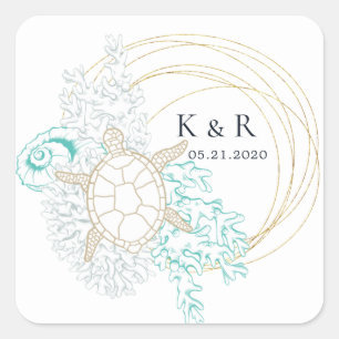 kust turquoise elegante bruiloft vierkante sticker