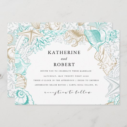 kust turquoise goud bruiloft kaart (Voorkant / Achterkant)