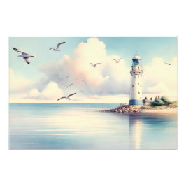 Kust Vuurtoren Meeuwen Pastel Lucht Sereniteit Foto Afdruk
