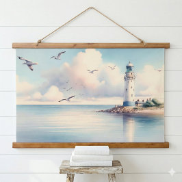 Kust Vuurtoren Meeuwen Pastel Lucht Sereniteit Hangend Wandkleed