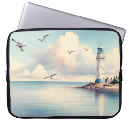 Kust Vuurtoren Meeuwen Pastel Lucht Sereniteit Laptop Sleeve