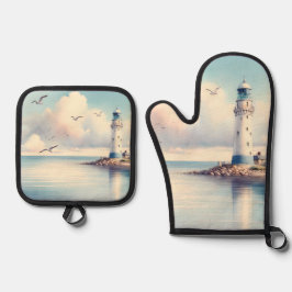 Kust Vuurtoren Meeuwen Pastel Lucht Sereniteit Ovenwant & Pannenlap Set