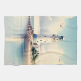 Kust Vuurtoren Meeuwen Pastel Lucht Sereniteit Theedoek
