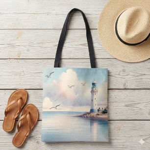 Kust Vuurtoren Meeuwen Pastel Lucht Sereniteit Tote Bag