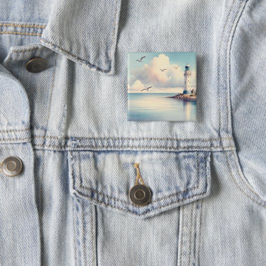 Kust Vuurtoren Meeuwen Pastel Lucht Sereniteit Vierkante Button 5,1 Cm (In situ)