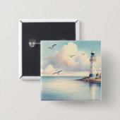 Kust Vuurtoren Meeuwen Pastel Lucht Sereniteit Vierkante Button 5,1 Cm (Voorkant /achterkant)