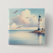 Kust Vuurtoren Meeuwen Pastel Lucht Sereniteit Vierkante Button 5,1 Cm (Voorkant)